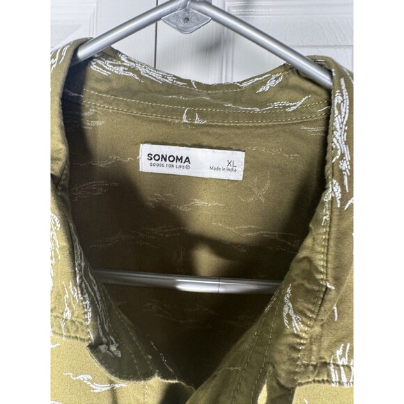 Sonoma Button-Down Shirt Men's XL Short Sleeve Kaki Green Birds & Waves - Picture 3 of 4